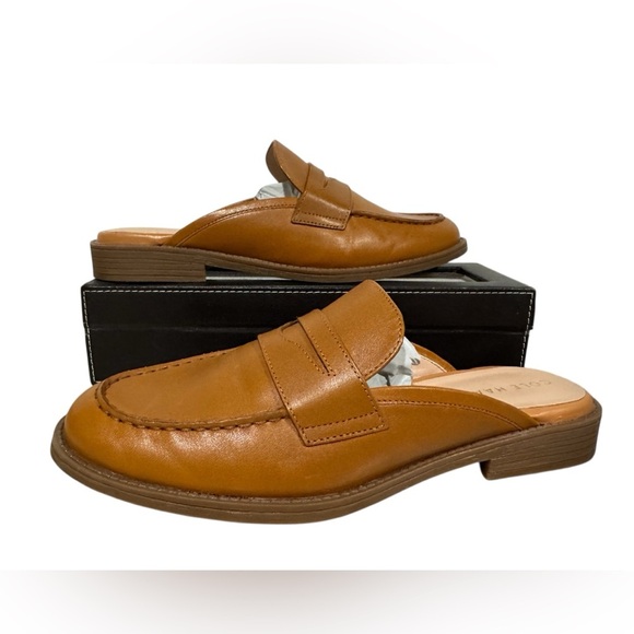 COLE HAAN Stassi Moc Toe Penny Mules Pecan Leather Brown Size 7B - Picture 1 of 11